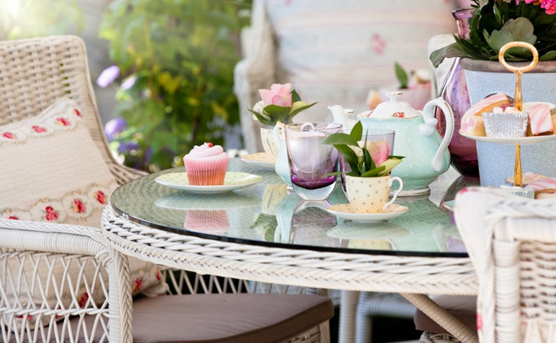 Mother's Day high tea, rattan table with decorative setting